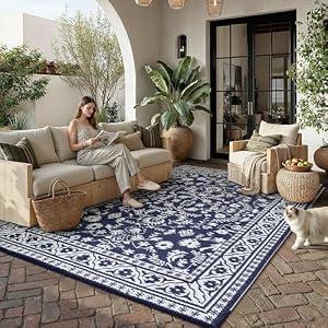 PureCozy Outdoor Waterproof 8x10 Plastic Straw Patio Rug Navy Blue Reversible for Outside Vintage Oriental Carpet Lightweight Large Rug for RV Deck Beach Balcony Picnic Backyard Entry Porch