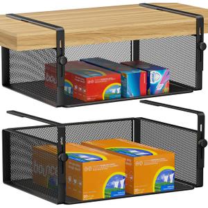 2Pack Under Shelf Basket Organizer,Adjustable Hanging Holder for Cabinet Pantry Kitchen Cupboard Desk Counter Bookshelf Organization Add-on Space Saver Heavy Duty Slide-in (Black, Large)