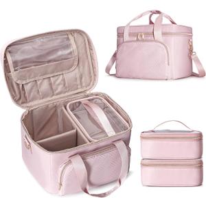 Travel Makeup Bag with 2 Pouches and Adjustable Dividers, Large Cosmetic Case Make up Organizer for Women Fits Bottles Vertically, Pink (Patented Design)