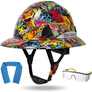 Structure Full Brim Hard Hat with Glasses and Cooling Towel Adjustable Ventilation Reflective Helmet ANSI Z89.1 Type OSHA Approved 6 Point Hanging Helmet for Industrial, Free size
