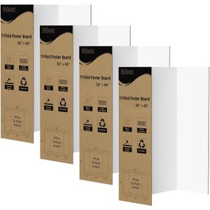 Ndsox 4 Pack 36" x 48" White Trifold Poster Board Large Corrugated Tri Fold Business Presentation Boards Picture Posterboard for Science Fairs, School Projects, Event Displays, Art Exhibitions