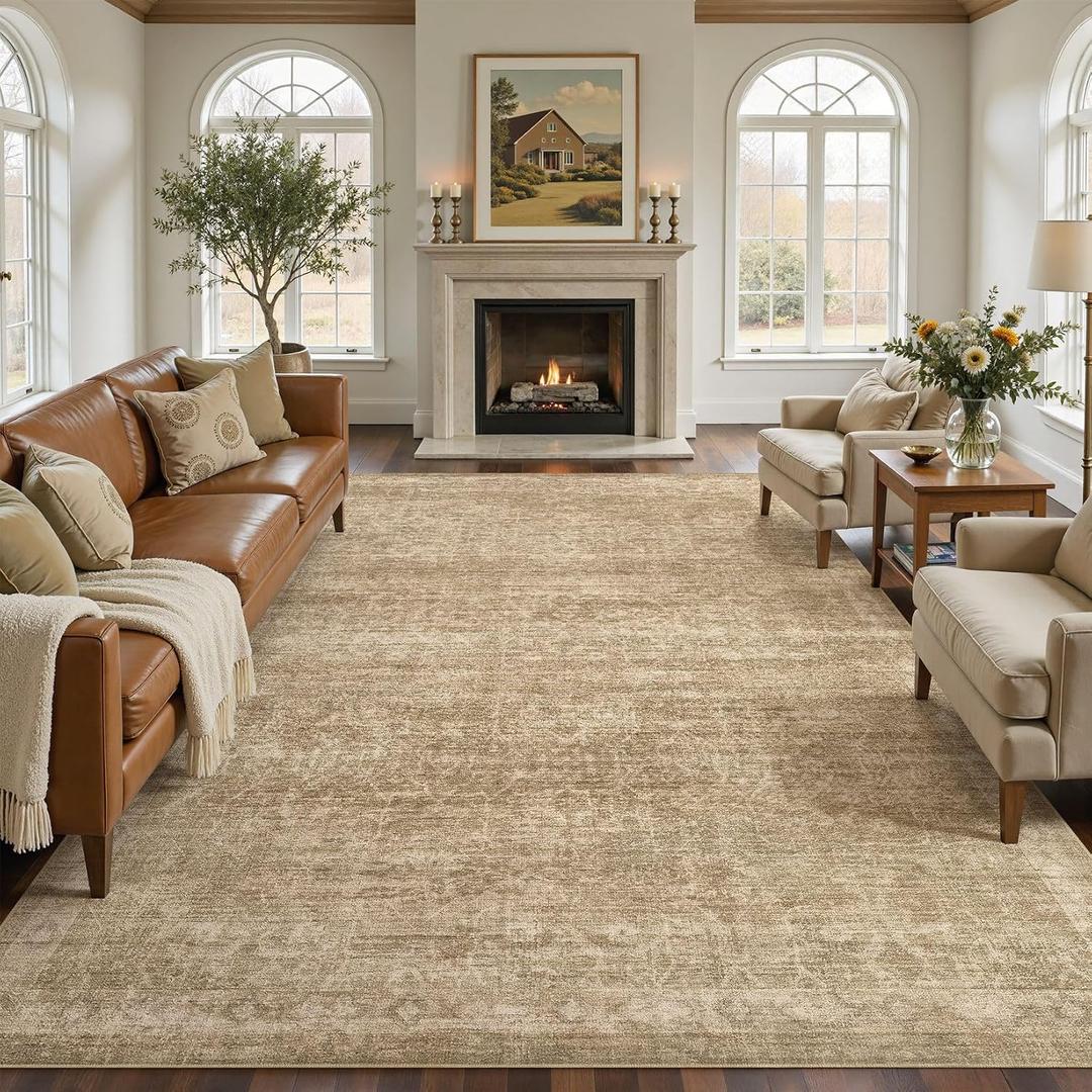 Nakagishi 9x12 Area Rugs Living Room: Washable Large Vintage Rug Neutral Non-Slip Soft Stain Resistant Indoor Carpet for Bedroom Nursery Dining Room Office Playroom - Dark Bown