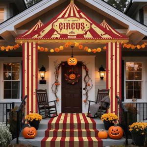 Horror Circus Awning Banner Halloween Carnival Decorations Creepy Circus White Red Striped Porch Door Banner Evil Carnival Tent Background for Halloween Haunted House Eve Party Photo Props Supplies