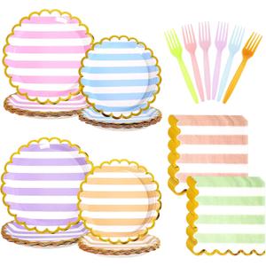 96Pcs Pastel Stripe Party Supplies Gold Foil Scalloped Paper Plates and Napkins Stripe Ice Cream Party Tableware Set Pastel Dinnerware for Girl Birthday Party Baby Shower Decoration Serve 24