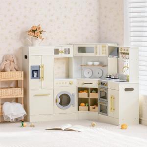 ROBOTIME Kids Kitchen Playset, Corner Wooden Play Kitchen with Fridge, Oven, Sink, Microwave & Washer, Realistic Lights & Sounds, Toddler Wooden Kitchen Toy Gift for Boys & Girls Ages 3+
