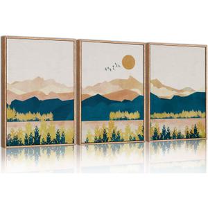 HPINUB Mountain Framed Canvas Wall Art Set, Mid Century Modern Wall Decor, Set of 3 Boho Artwork Nature Art Paintings, Bohemian Art Prints for Living Room, Bedroom, Dining Room, Office - 16"x24"x3 (Abstract Nature Wall Art)