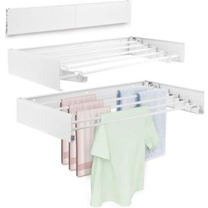 Wall Mounted Laundry Drying Rack, Carbon Steel Foldable & Retractable Clothes Drying Rack, Space Saving Adjustable Towel Holder for Bathroom, Laundry, Small Spaces (1, White, 31.5")