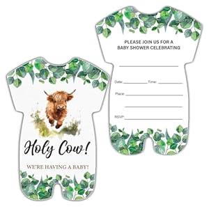 RNYJJ Highland Cow Baby Shower Invitations With Envelopes (20 Count), Greenery Holy Cow Shower Gender Neutral Party Fill in Invites Cards, Double Sided Design