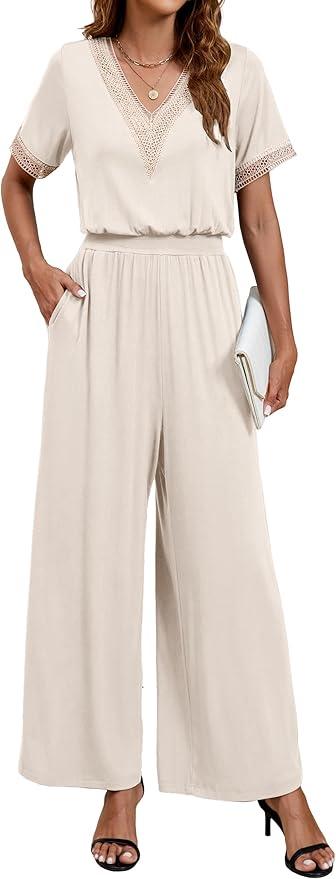 BMJL Womens Jumpsuits Dressy Lace V Neck Business Casual Outfits One Piece Wide Leg Summer Rompers,L