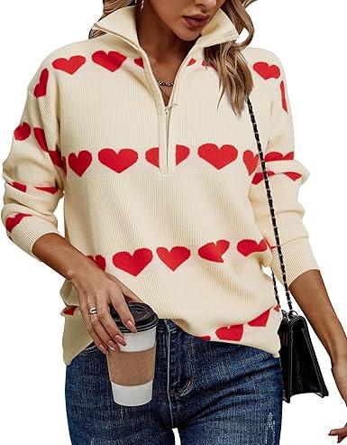 Heart Sweater for Women V Neck Valentines Sweatshirt Quarter Zip Pullover Ribbed Knitted Sweaters Loose Slouchy Tops, 2XL