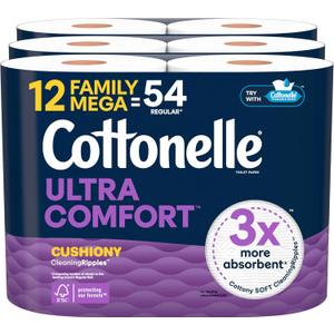 Cottonelle Ultra Comfort Toilet Paper with Cushiony CleaningRipples Texture, 12 Family Mega Rolls = 54 Regular Rolls
