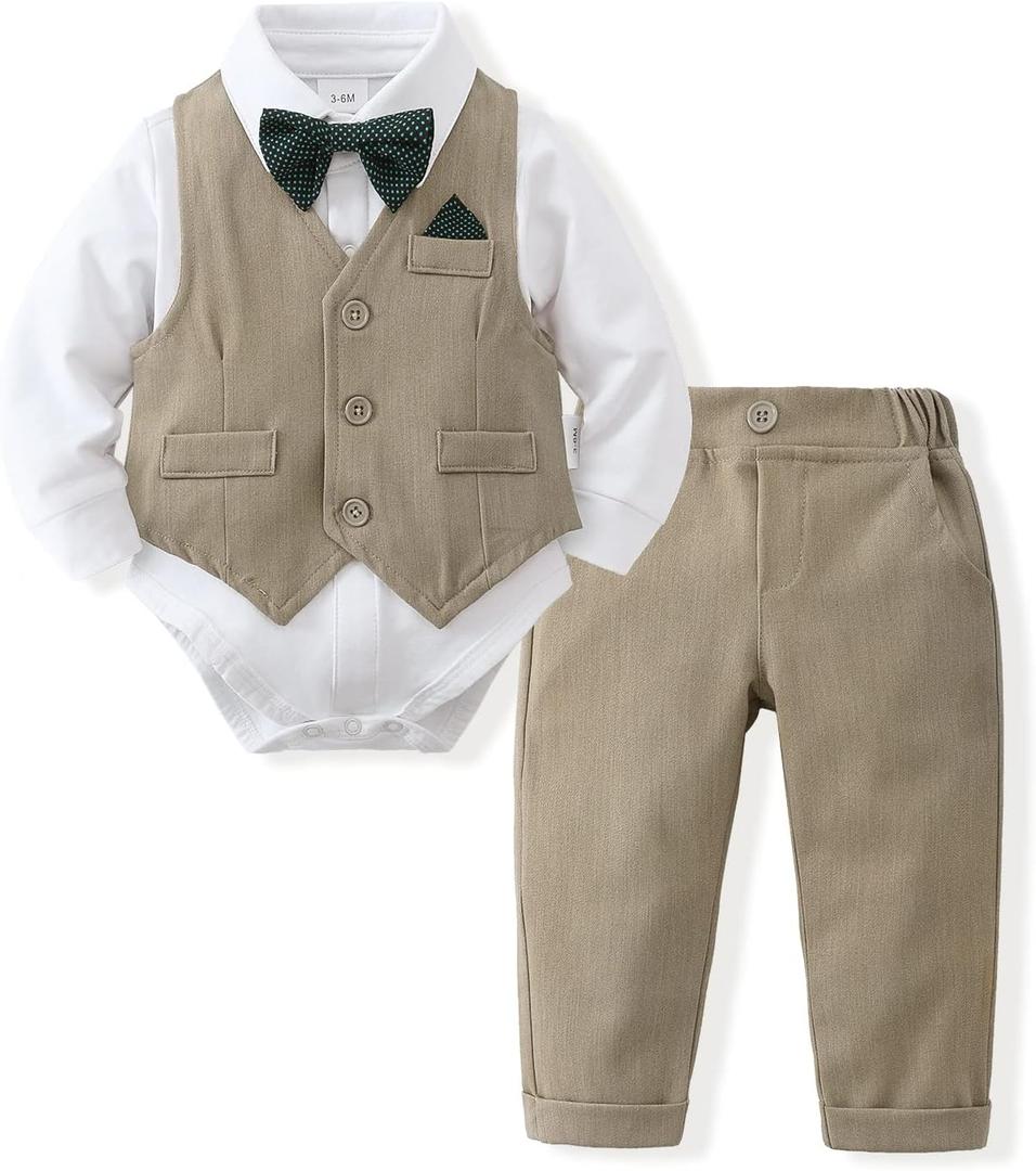 DISAUR Baby Boy Clothes Toddler Boy Outfits 4PCS Gentleman Dress Romper/Vest/Pants/Bow Tie Cotton Suit Sets (9-12 Months, Beige)