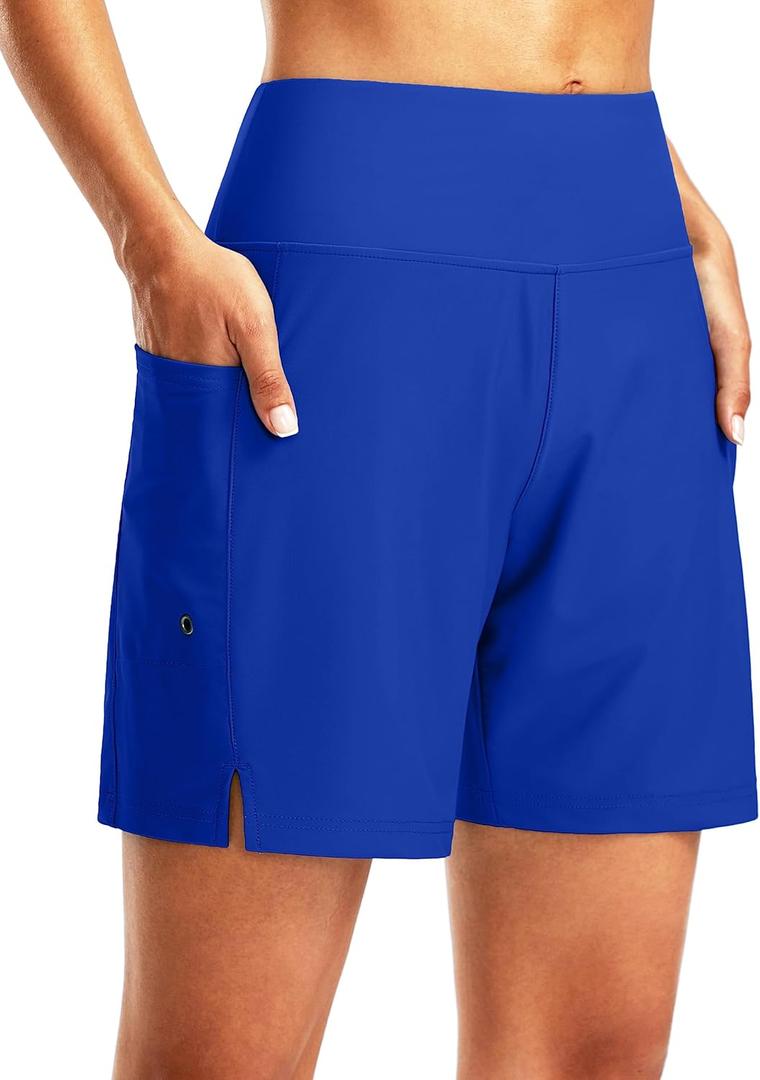 G Gradual Women's 7" Long Swim Board Shorts High Waisted Quick Dry Beach Swimming Shorts for Women with Liner Pockets (Blue)
