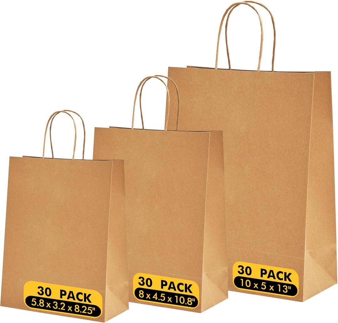 90 Pack Brown Paper Bags with Handles, Multiple 3 Assorted Sizes Gift Bags, Heavy Duty Kraft Paper Bags Bulk, Retail Shopping Bags for Birthday Party, Wedding, Business, Grocery & Take Out Sacks (Brown 10*5*13-8x4.5x10.8-5.8x3.2x8.25)