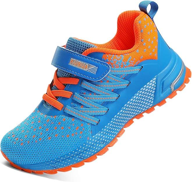 KUBUA Kids Sneakers for Boys Girls Running Tennis Shoes Lightweight Breathable Sport Athletic (2 Big Kid, Blue Orange a)