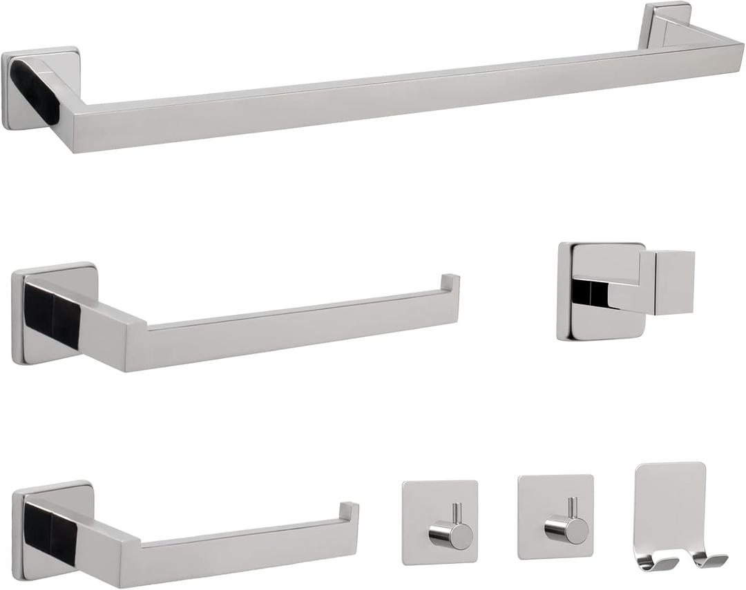 NearMoon 7 Pieces Bath Hardware Set 304 Stainless Steel-Square Towel Rack Kit Include 24" Towel Rod+ 10" Hand Towel Bar+ Toilet Paper Holder+ 4Robe Towel Hooks Bathroom Accessories (Chrome Finish)