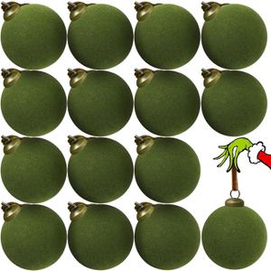 15 Pcs Velvet Christmas Balls, 3.15" Large Velvet Christmas Ornaments Balls, Plastic Shatterproof Flocked Ornaments for Xmas Tree Holiday Party Decorations (A - Green)