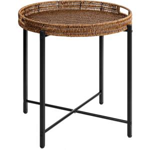 DINGTAI Brown Small Round End Table, 19in Rattan End Tables, Wicker Rattan Side Table, Round Sofa Side Table, Indoor Outdoor Side Tables for Patio, Living Room Bedroom Office, 19"d X 19"w X 19.75"h
