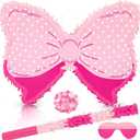 Hungdao Pink Bow Piata Birthday Party Decorative Bowtie Piata with Wooden Stick Paper Blindfold Confetti Set for Girls Boys Birthday Baby School Wedding Party Supplies(Polka Dot Bow)