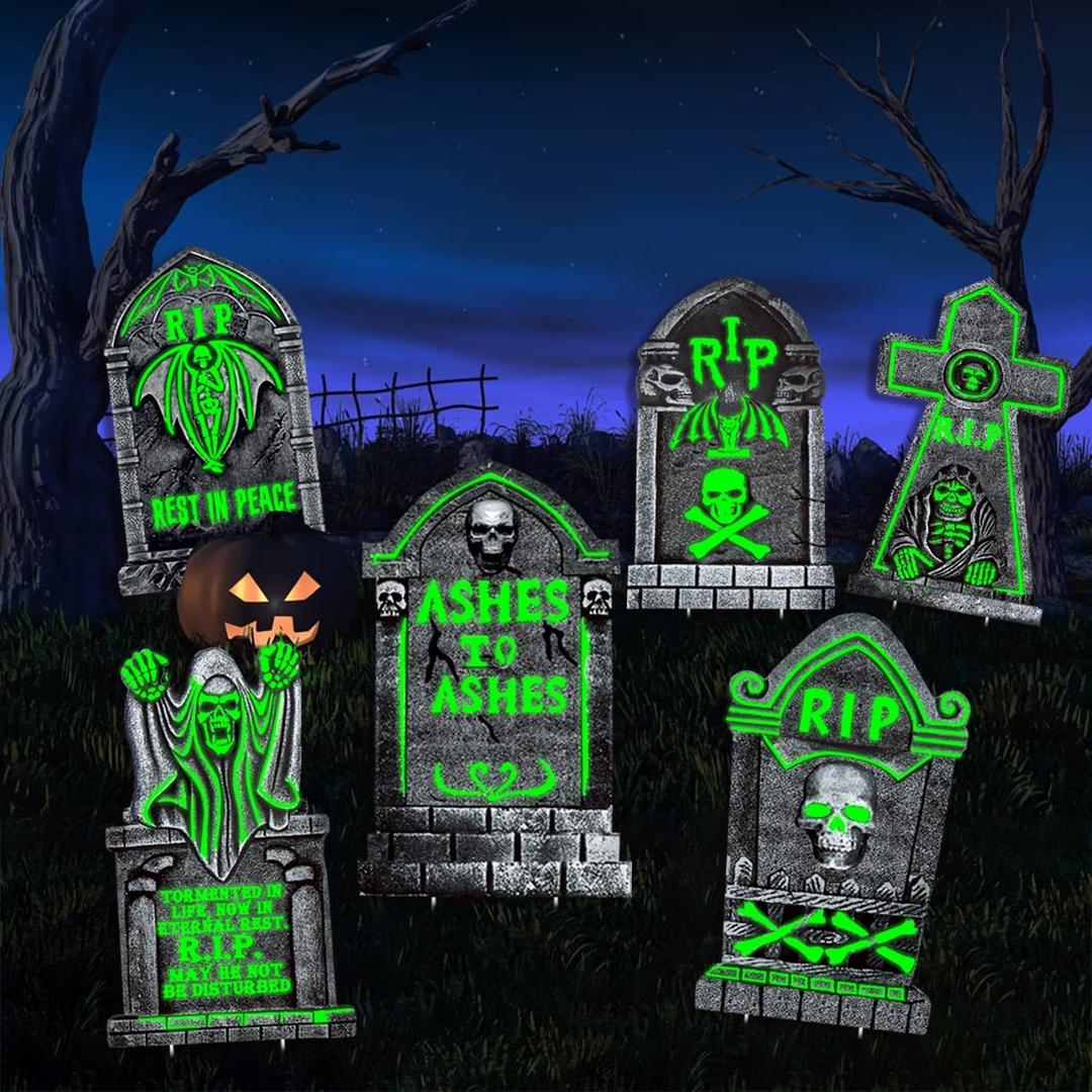 Large Halloween Tombstones Decorations, 6 Pack 16.5"x10" Light Up Tombstone for Graves, Plastic Spooky Outdoor Halloween Gravestone, Waterproof Cemetery Grave Decor with 12 Stakes for Yard Lawn Party