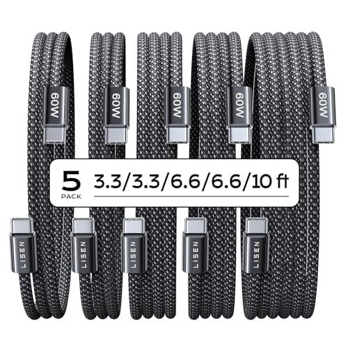LISEN USB C to USB C Cable, 5-Pack [3.3/3.3/6.6/6.6/10FT] for iPhone 17 Charger Cord, 60W C to C Cable Fast Charging for iPad, iPhone 16 15 Pro Max, Galaxy S25/S24 USBC to USBC Cable Gifts for Men