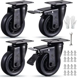 4 Inch Caster Wheels Set of 4 Black Elastic Rubber Wheel castors Industrial Silent Swivel Casters with Brake Perfect for Carts Furniture Workbenches 2200Lbs Load Capacity Includes Bolts and Nuts