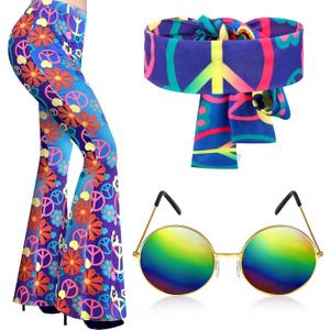 Tisancy 3 Pcs 60s 70s Outfit for Women Hippie Costume Set Disco Flared Pants Groovy Outfit Party Accessories