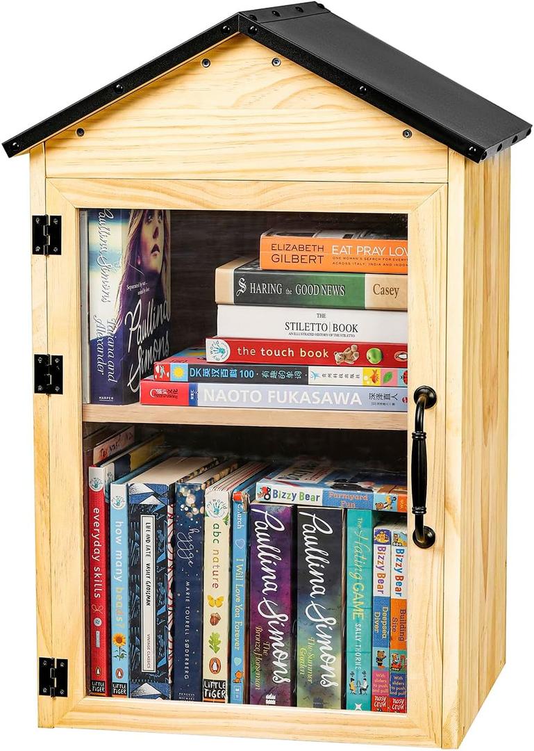 Little Library Box Outdoor, 2-Tier Little Library for Neighborhoods Community School, Weatherproof Solid Wood with Adjustable Shelf & Rust-Proof Hinges, Sharing books, Literature and Newspapers