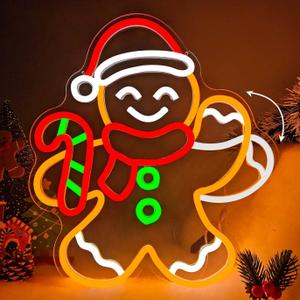Christmas Neon Sign Waving Gingerbread Man Neon Sign for Wall Decor Led Gingerbread Christmas Decorations with Candy Cane Looks Like Waving Xmas Neon Light Up Signs for Window Bedroom Home Party