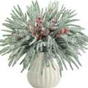 60 Pcs Christmas Snow Norfolk Pine Branches with Red Berry Stems, Snowy Artificial Xmas Branches Pine Tree Needle, Berries White Frosted Fake Greenery Norfolk Pines Stems Sprigs for Garland Home Decor