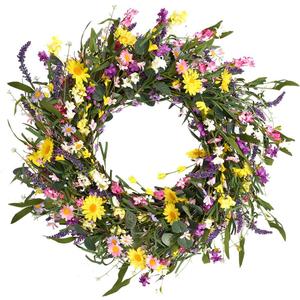 J'FLORU Spring Wreath 24 Inch Summer Wreaths for Front Door Artificial Flower Wreath with Daisy and Lavender for Indoor Outdoor and Easter Celebration