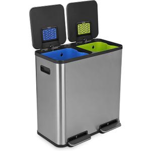 SIMPLI-Magic 21 Gallon (80L) Dual Compartment Kitchen Trash Can - Hands-Free Step Pedal, Soft-Close Lid, Stainless Steel Recycling Bin with Odor Filter (40L + 40L)