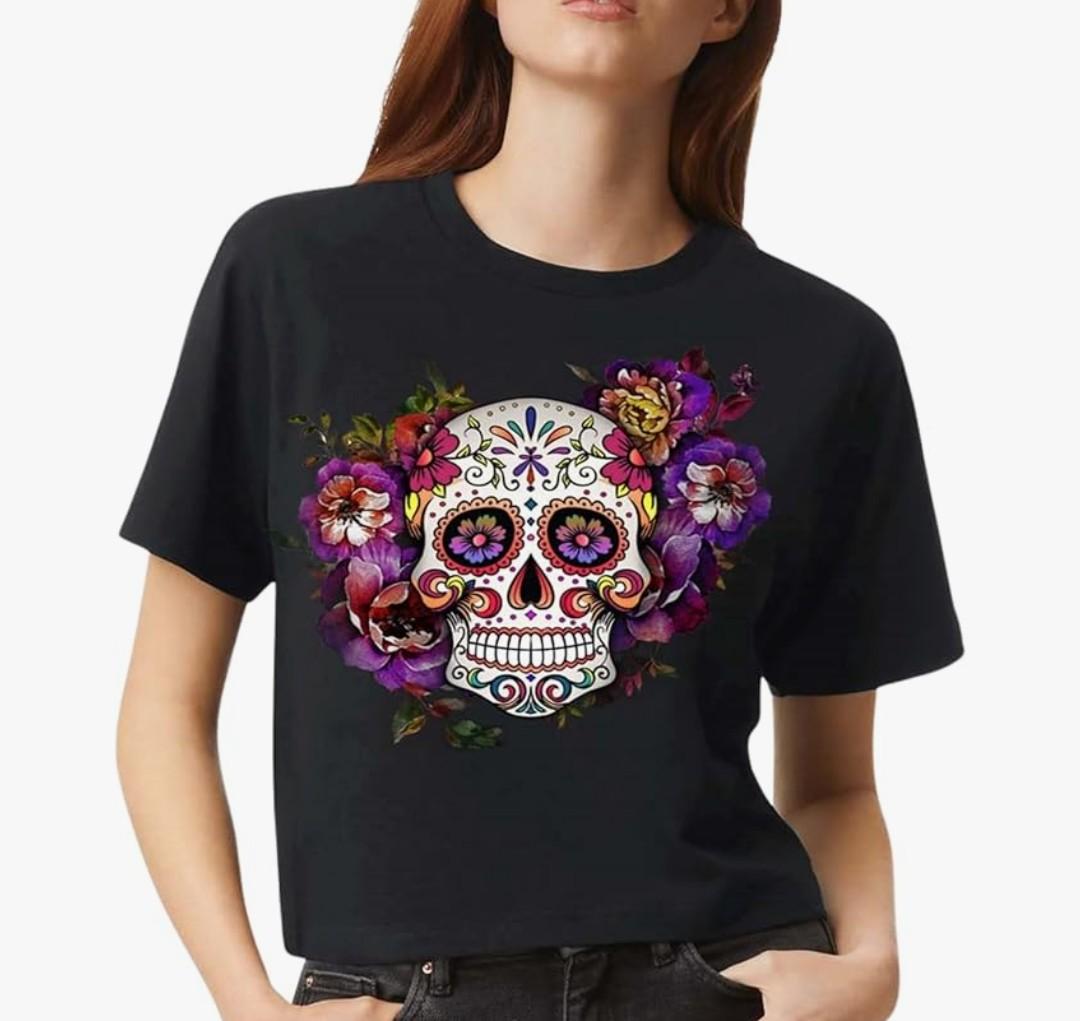 Halloween Skull Shirt – Funny Skeleton T-Shirt for Women, Halloween Graphic Tee, Vintage Halloween Shirt Large Black