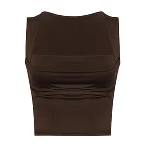 Womens Square Neck Crop Top Y2k Fashion Sleeveless Streetwear Casual Slim Fitted Camisole Top Large, Brown