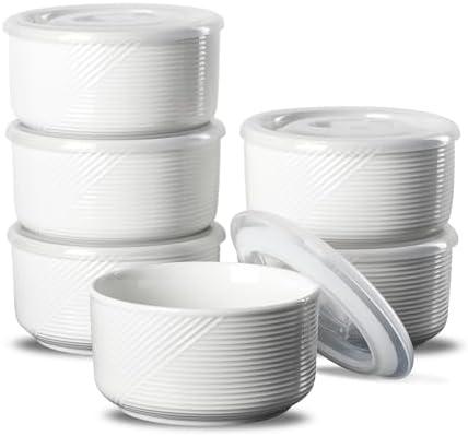 Adewnest Ceramic Bowls with Lids: 20 oz Microwave Safe Food Storage Containers for Soup, Salad, Cereal, Leftovers, Meal Prep, Lunch, Picnic, Camping, Serving - Airtight, White, Set of 6