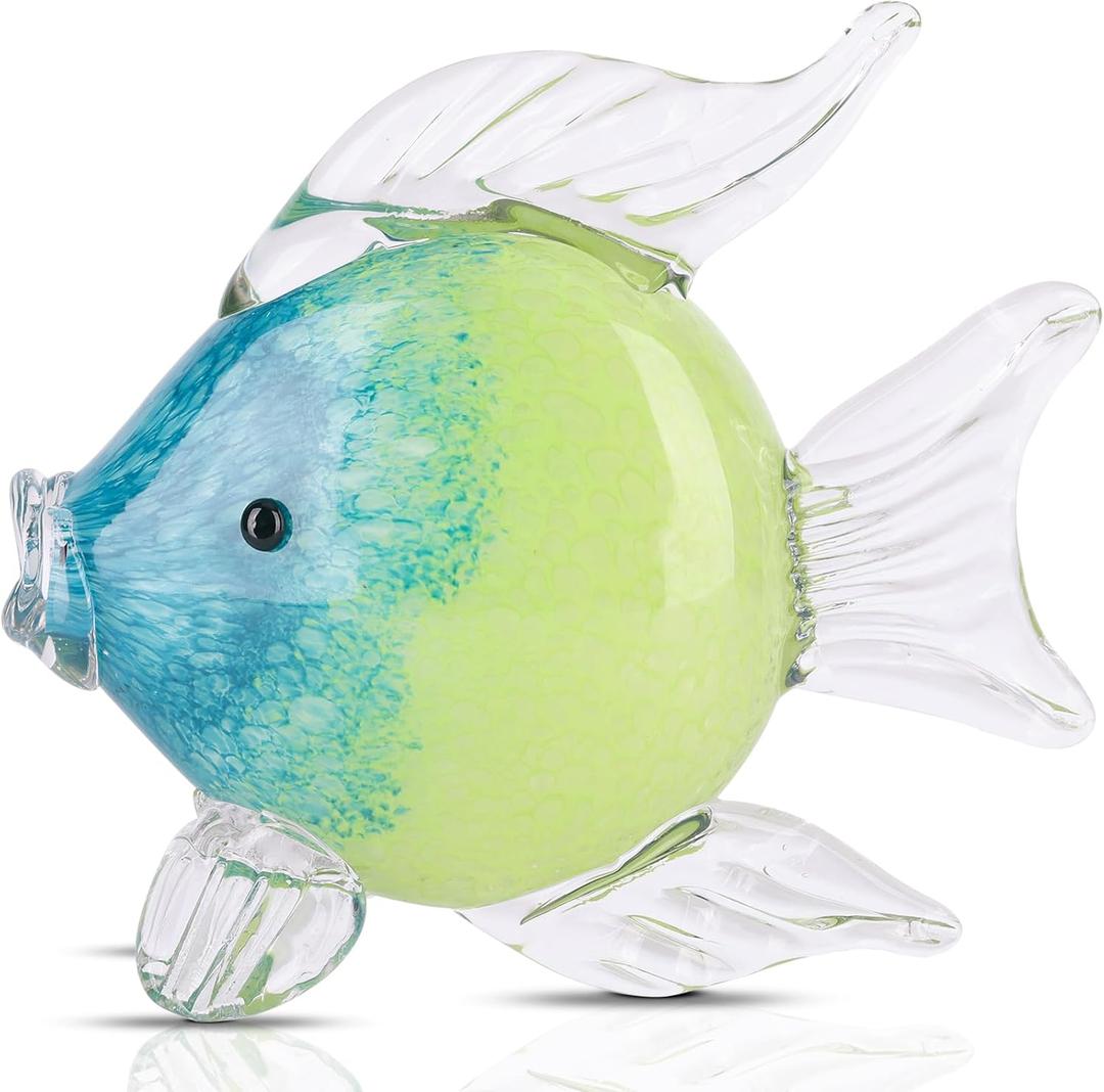LCCCK Large Glass Fish Figurines Hand Blown Glass Fish Statue and Sculpture Home Decor, Murano Animal Tropical Sea Glass Paperweights for Desk, Glass Aquarium Coastal Beach Decorative (Green)