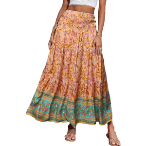 CFLONGE Women's 2025 Bohemian Long Skirts Flowy High Waist A Line Maxi Skirts for Women Summer Pleated Mini Skirts