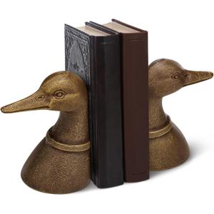 Vintage Brass Color Decorative Distressed Cast Metal Duck Head Bookends, Metal Duck Book Ends for Shelves, 4.25 x 3 x 5.75 Inches, Rustic Vintage Home Office Organizer Set of 2