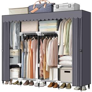 LOKEME Portable Closet, 67 Inch Wardrobe Closet for Hanging Clothes with 4 Hanging Rods, 25mm Steel Tube Clothes Storage Organizer for Extra Sturdy, Quick and Easy to Assembly, Gray Cover (Grey)