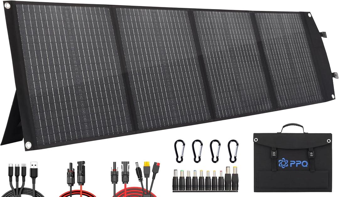 PPQ 100W Portable Solar Panel Kit 18V/6A,9lb Foldable Briefcase Solar Charger w/ 24% Efficiency, 3 Cables & 16 Outputs for All Camping Power Station, RV Battery, Phones, IP67 Waterproof