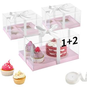 3Pcs Pink Bento Cake Cupcake Combo Boxes Valentine's Day 1+2 Bento Box with Clear Lid 2 Holes Pastry Sweets Cake Cupcake Combo Box Baking Supplies for Valentine Wedding Birthday Party(Pink 1+2/3Pcs)