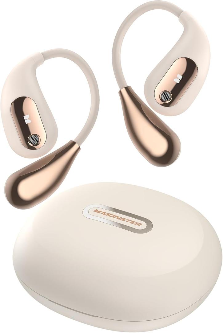 Monster Open Ear AC210 Headphones, True Wireless Bluetooth Earphones with Microphone, Wireless Headphones 30 Hours Playback, Type-C Charging, Touch Control, IPX5 Waterproof Open Ear Earbuds,White