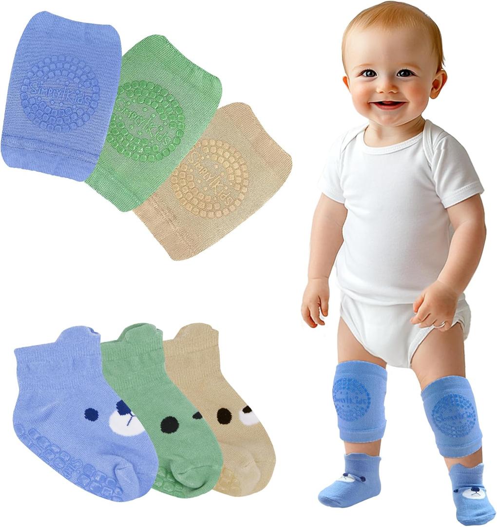 Simply Kids Anti-Slip Baby Knee Pads and Socks Set for Crawling and Walking (6 Pairs, 6-18 Months) Infant Toddler Boy Girl