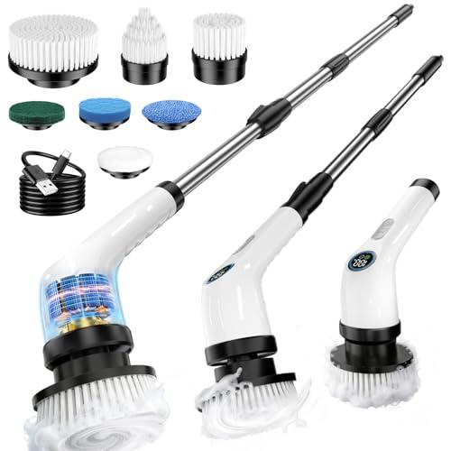 Electric Spin Scrubber Upgraded Battery with Extra-Long Runtime, IPX7 Waterproof Power Cleaner with 7 Brush Heads, 2 Speeds Adjustable Long Handle for Bathroom, Floor, Shower, Tile & Kitchen Cleaning