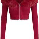 WDIRARA Women's Faux Fur Off Shoulder Crop Coat Zip Up Fuzzy Jackets Long Sleeve Knitted Outerwear (Red, M)