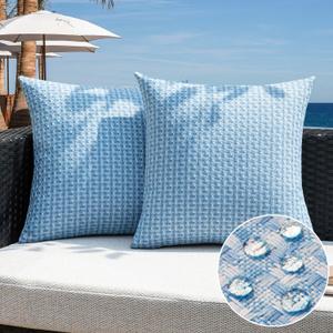 Kevin Textile Outdoor Waterproof Throw Pillow Covers Pack of 2 Weaving Texture Water Resistant Outside Decorative Cushion Covers for Garden Patio Tent Balcony Bench Couch Sofa 16x16 Inch, Light Blue