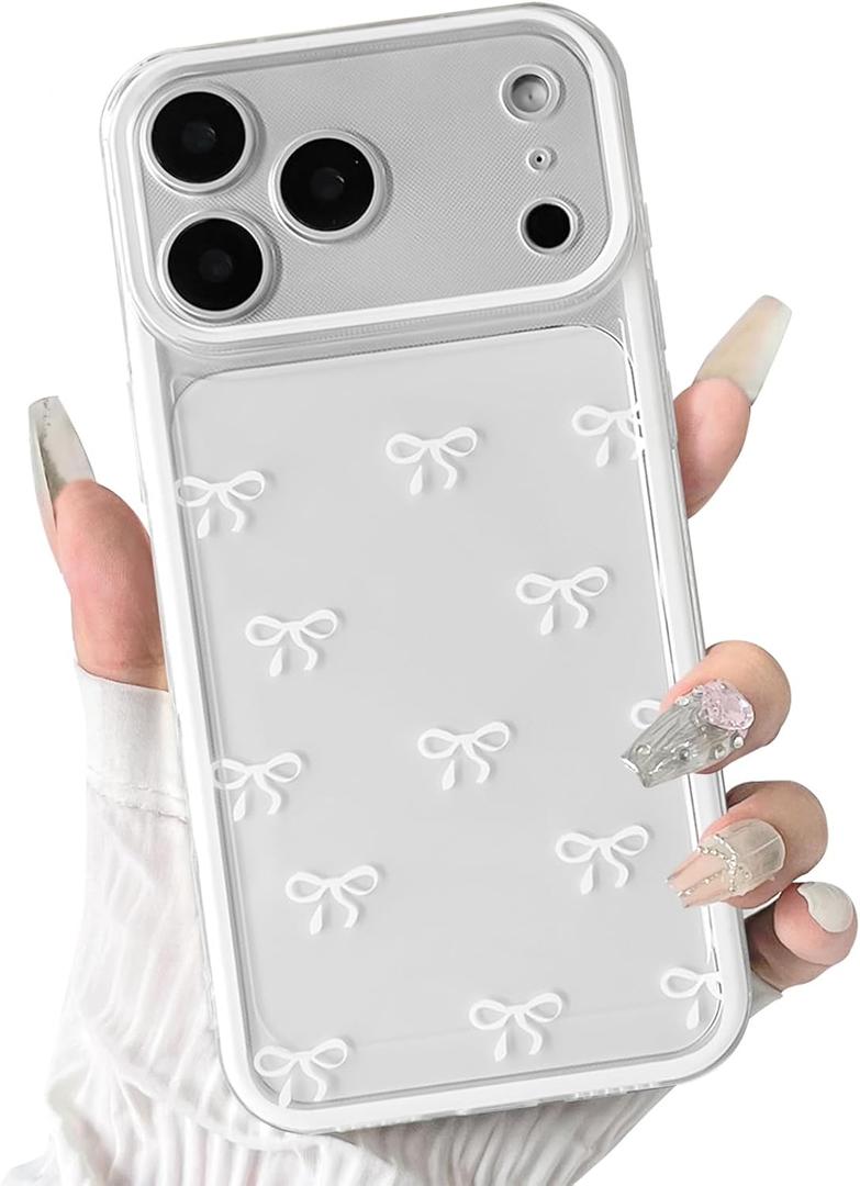 NITITOP Compatible for iPhone 17 Pro Max Case Cute Clear Durable Ribbon Bowknot Pattern for Girls Women Soft TPU Transparent Full Camera Lens Shockproof Protective Phone Cover - White