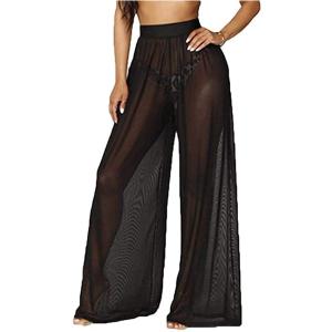 Women Sexy See Through Sheer Mesh Loose Bottoms, Swimsuit Bikini Cover Up, High Waist Wide Leg Pant, C Black, X-Large 