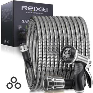 10FT Metal Garden Hose - Stainless Steel, Heavy Duty, Flexible & Lightweight, Never Kink and Tangle, with 10-Function Nozzle, Pressure Resistant for Outdoor Use (Grey)