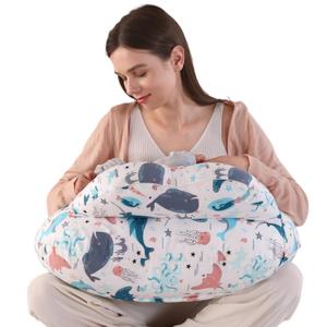 BATTOP Nursing Pillow for Breastfeeding, Feeding Pillow with Adjustable Waist Strap, Removable Slipcover, Breastfeeding Pillows for More Support for Mom, Plus Size, Extra Pillow on Top (Whales)